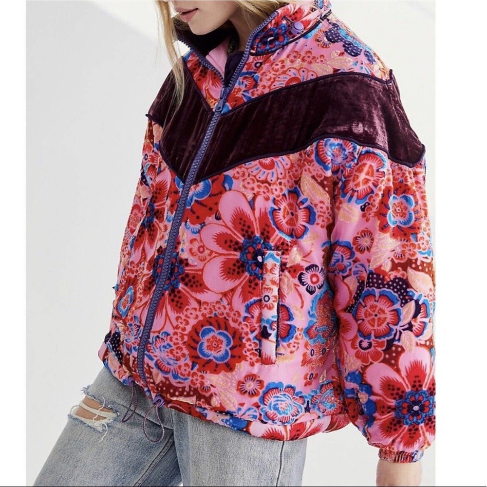 Free People Sun Valley Velvet Pink Bomber Jacket Puffer Burnout XS